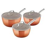 Tower T800017 Copper Forged Induction Pot Set With Glass Lid, Non Stick Ceramic Coating, Copper, 3 Piece, 18/20/22 cm