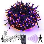 Halloween String Lights Outdoor with Music Sync Spooky Sounds 300 LED 114.8ft Indoor Fairy String Lights Waterproof Memory Function for Halloween Party Haunted House Decorations (Purple & Orange)