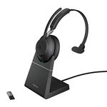 Jabra Evolve2 65 Wireless PC Headset with Charging Stand – Noise Cancelling Microsoft Teams Certified Mono Headphones With Long-Lasting Battery – USB-A Bluetooth Adapter – Black