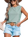 CUPSHE Women's Vest Tops Summer Ladies Sleeveless Tops Crew Neck Cutout Blouse Shirt Lace Tee Tank Tops Casual Green M