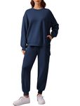 PINSPARK 2 Piece Sets for Women Workout Sweatshirt Long Sleeve Cargo Pants with 2 Pockets Vacation Sweat Sets, Navy Blue Large