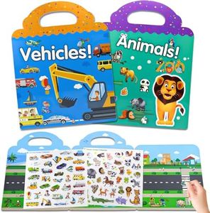 Gommettes Enfants 2 3 4 Ans 2 Pcs Livre Autocollant Animaux et Voiture Véhicule, Reutilisable Activite Enfant Autocollant avec Pliable Panorama et PVC Statiques Illustré Stickers, Idees Cadeaux