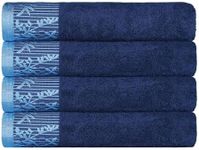 Superior Cotton Bath Towels (Set of 4), Floral Jacquard Dobby Border, Body Towel for Bathroom, Guest Bath, Spa, Resort, Hotel, Airbnb, Home Essentials, Adult and Kids, Wisteria Collection, Navy Blue