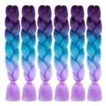 LDMY Braiding Hair Extensions -6pcs/pack Ombre Deep Purple- Lake Blue-Light Purple Synthetic Kanekalon Hair for Braiidng-24Inch Colorful Jumbo Braid Hair 100g/pc