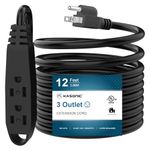 12-Feet 3 Outlet Extension Cord, Kasonic UL Listed, 16/3 SJTW 3-Wire Grounded, 13 Amp 125 V 1625 Watts, Multi-Outlet Indoor/Outdoor Use, Black