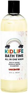Kidlife Natural Bath Time 3 In 1 Shea & Organic Aloe Body Wash- No Phenoxyethanol Unscented 15 Oz. Kids Head to Toe All in one Bath and body Soap. Bubble Bath, Bodywash and Shampoo by KJ3 Essentials