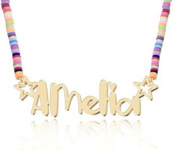 UMAGICBOX Personalized Rainbow Name Necklace for Girls - Custom Gold Nameplate with Stars - Colorful Fimo Beads Chain - Gift for Kids on Birthday or Christmas