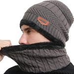 T WILKER 2Pcs Beanie Hat Scarf Set Knitted Hat Soft Stretch Cable Warm Fleece lining Cap (Grey)