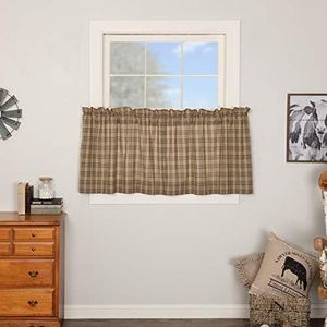 VHC Brands Farmhouse Kitchen Window Curtains-Sawyer Mill Plaid Tan Tier Pair, 24 Inches Length, Charcoal Black