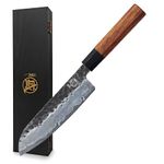 MITSUMOTO SAKARI 7 inch Japanese Santoku Chef Knife, High Carbon Stainless Steel Kitchen Knife, Professional Hand Forged Japanese Knives (Rosewood Handle & Wooden Box)