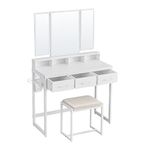 VASAGLE Vanity Set with Mirror and Stool, Makeup Vanity with Tri-Fold Mirror, 3 Drawers, White URVT004W14