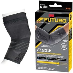 FUTURO Premium Compression Elbow Sleeve, with Wrap-Around Strap and Two Gel Pressure Pads, for Mild Tendonitis, Golfer’s Elbow, Tennis Elbow, Swelling, Sprains, and Strains, S/M