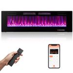 COSTWAY Ultra-Thin Electric Fireplace 60-inch Wide, 750W/1500W Wall-Mounted and Recessed Fireplace Heater with 12 Flame and Flame Bed Color, Remote and Smart APP Control, Decorative Crystal Included