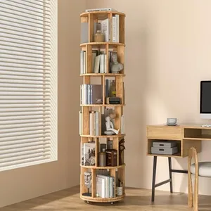 6 Tier Rotating Bookshelf Tower Spinning Bookshelf with Swivel Wheels Book Shelf Rotating Storage Tower for Kids Adult Narrow Walnut Solid Wood Revolving Bookcase Organizer for Bedroom Living Room