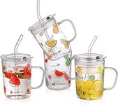 KELVEE Random Design Glass Measuring Milk Cup with Silicone Straw and Lid Handle Tumbler for Girls & Boys & Adult 350ml/ 12oz Water Mug with Scale Juice and Drinking Sipper Mug Pack of 4 (Kids - 4)