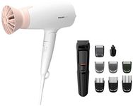 PHILIPS Hair Dryer Bhd308/30 1600 Watts Thermoprotect Airflower, 3 Heat & Speed Settings For Quick Drying & Multi Grooming Kit Mg3710/65, 9-In-1 (New Model), Face, Head And Body, 60 Mins Run Time