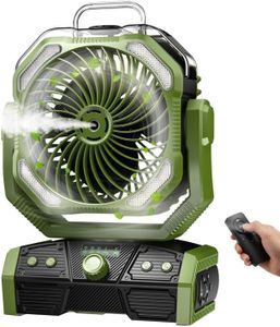 Minthouz 3-in-1 Camping Fan with 30000mAh Battery Portable Outdoor Fan, Mist & LED Light, 50-Hour Runtime, Remote Control with Button Cell, 270° Tilt, 4.0m/s Wind Speed for Tent, Patio, RV, Backyard