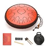 AMKOSKR 14 Inches 35cm Steel Tongue Drum D Key 15 Notes Percussion Instrument Hand Pan Drum with Drum Mallets/Carry Bag(Red)