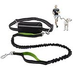 Hands Free Dog Lead for Running Walking Training Hiking, Dual-Handle Shock Absorbing Reflective Bungee, Adjustable Waist Belt and Pouch, Ideal for Medium to Large Dogs(Black/Green)