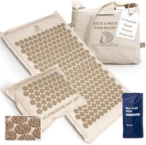 Acupressure Mat & Pillow Set with Hot/Cold Gel Pack for Back and Neck Pain Relief, Sciatica and Pressure Point Aches - Ideal Acupuncture Mat for Sleeping Aid & Workout Recovery - Natural Linen