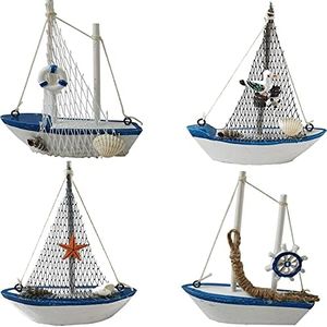 TIHOOD 4PCS Mini Sailboat Model Decoration Wooden Miniature Sailing Boat Home Decor Set, Beach Nautical Design, Navy Blue and White, 4.4 x 6.8 Inch (StyleB)