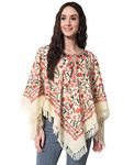 Zamour Women's Wool Round Neck Poncho Shrug Top, Kashmiri Embroidery Jaal, Inner Lining (White), Free Size