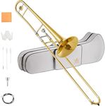 STRICH Bb Tenor Slide Trombone Student Beginner Brass Trombone Kit with 7C Mouthpiece White Gloves Cleaning Kit Hard Performance Case, STB-1G, Gold