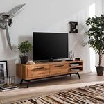 G Fine Furniture Wooden Entertainment TV Unit for Living Room | Free Standing Media Console Movable TV Cabinet | TV Stand with 2 Shelf and 2 Drawer Storage | Solid Wood Acacia & Iron(Natural & Black)