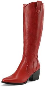 DREAM PAIRS Womens Cowboy Boots Comfortable Pull On Zipper Chunky Heel Pointed Toe Embroidered Western Cowgirl Knee High Boots Girls Ladies Retro Tall Boot,Size 7.5,Red,SDKB224W