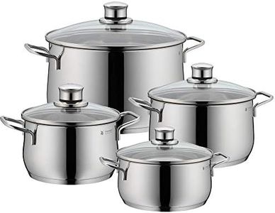 WMF Pot Set 4 Piece Diadem Plus Pouring Rim Glass Lid Cromargan Stainless Steel Polished Suitable for Induction Hobs Dishwasher Safe, Silver