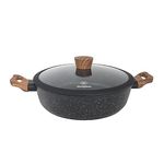Westinghouse Low Casserole Dish 24 cm with Glass Lid | 3-Layer Black Marble Coating & Forged Aluminium | for Induction & Gas Cooktops | Silicone Wooden Finish Handles, Dishwasher Safe WCCC0085L24MBB