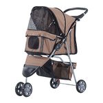 PawHut Pet Travel Stroller Cat Dog Pushchair Trolley Puppy Jogger Carrier Three Wheels for Small Miniature Dogs(Coffee)