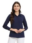 OTIRA Women's Navy Blue Casual Office Wear Solid Full Cuff Sleeve Formal Shirt for Women (O2107STBL598-S)