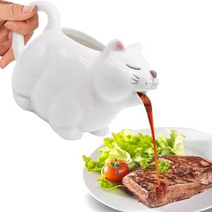 Ceramic Gravy Boat,700ML/23Oz Cat Sauce Jug with Hand Painted White Fine Porcelain - Perfect for Serving Jars of Salad Dressing, Broth, Cream, Milk for Thanksgiving, Halloween, Christmas