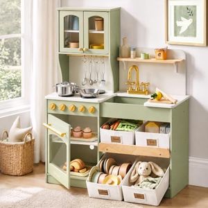 Tiny Land Wooden Play Kitchen for Kids with Toy Storage for Pretend Play