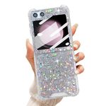 UEEBAI Case for Samsung Galaxy Z Flip 6/Z Flip 5 5G, Cute Shiny Case Bling Glitter Sparkle Sequin Case Slim Case Pretty Aesthetic Shockproof Protective Glossy Phone Cover for Women Girls - Sliver