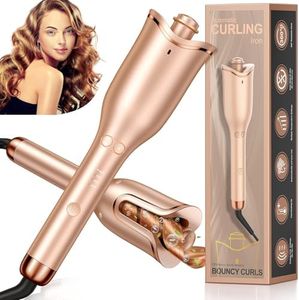 Automatic Curling Iron, Auto Hair Curler with 1" Curling Wand Large Slot & 4 Temperature & 3 Timer, Dual Voltage Anti-Tangle Rotating Curling Iron with Auto Shut-Off for Hair Styling, Champagne