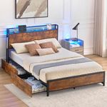 IDEALHOUSE Queen Bed Frame with Storage Drawers and Charging Station, LED Light Queen Bed Frame with Storage Headboard, Metal Platform Bed with Strong Wood Slats Support, No Box Spring Needed