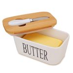 Butter Dish with Lid, Ceramic Butter Keeper with Bamboo Cover & Steel Knife, Porcelain Butter Bowl Holder Container Perfect for Butter West or East Coast Butter