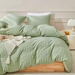 WARMDERN Duvet Cover Set King Size, 3pcs Washed Microfiber Green Bedding Set, Soft Breathable Striped Textured Seersucker Duvet Cover with Zipper Closure & Corner Ties(Green, King)