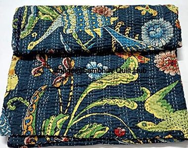 Sambhav Quilt Hub Handblock Animal Print Handmade Cotton Kantha Quilting Boho Bedding Throw Blanket Hippie Queen/King Size Bohemian Block Kantha Quilt