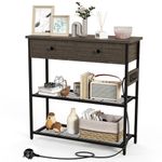 COSTWAY Console Table with Charging Station, Industrial Narrow Entryway Table with 2 Drawers & Storage Shelves, Metal Frame Slim Behind Couch Sofa Side Table for Hallway Living Room (Grey Oak)