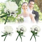 OKUYAN 4PCS Wedding Boutonniere White Rose Boutonniere Artificial Boutonniere with Pin And Clip Handmade Corsage Buttonhole Flowers Boutonniere Pins for Men Bride Suit Dress Banquet Prom Party Decor