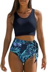 Dokotoo Womens Bikini Sets Fashion Palm Leaf Print Scoop Neck Cutout 2024 Racerback 2 Piece Swimsuit Tie Knot Tummy Control High Waisted Bathing Suits Blue X-Large