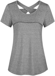 Kimmery T Shirts for Women Ladies Breathtable Fast Drying Tops Summer Scoop Neck Sexy Open Back Sports Loose Weight Cycling Camping Shirt Grey Large