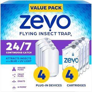 Zevo Flying Insect Trap for Indoors: Light Trap Captures Fruit Flies, Gnats and Houseflies, Starter Kit Value Packs (4 Plug-in Bases + 4 Cartridges)