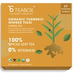 Teabox Organic Turmeric Ginger Tulsi Green Tea 50 Teabags | For Immunity Boosting, Digestion and Sore Throat | 100% Whole Leaf Tea, 0% Bitterness | Silken Pyramid Teabags