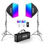 NEEWER RGB Softbox Lighting Kit with App Control & 9 Effect Modes, 2 Pack 26W FCC/IC/UL Certified LED Bulbs CRI93+ TLCI98+, E26 Porcelain Sockets, 24" Softboxes, for Studio Photography Lighting, NK800