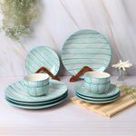 ARTYSTA BEAUTIFYING LIVES 'Green Stripe' Ceramic Dinner Set|4 Dinner Plate, 4 Quarter Plate, 4 Veg Bowl|Stoneware Crockery Set|Dinnerware Set Microwave And Dishwasher Safe, 12 Pieces