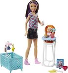 Barbie FHY98 FAMILY Babysitter Brunette Doll with Baby and Accessories, with A Highchair Playset, Multi-Colour, 0